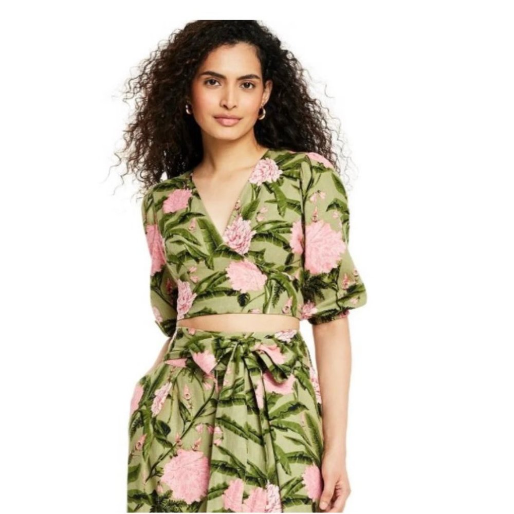 Agua Benita Peony Print Tie Wrap Top & Pants - Size Small (top) / Medium (bottom - Picture 2 of 7